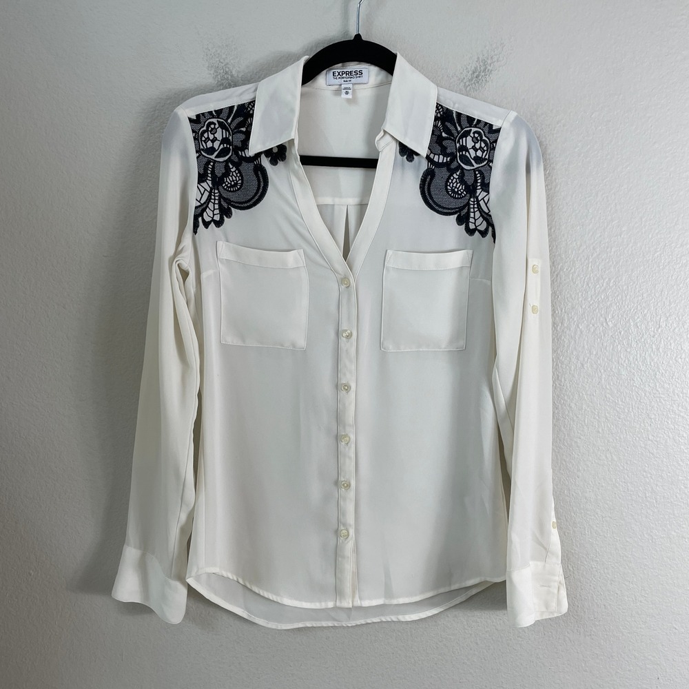 Express Portofino Shirt Womens XS Slim Ivory Button Up Blouse Roll Tab Sleeve